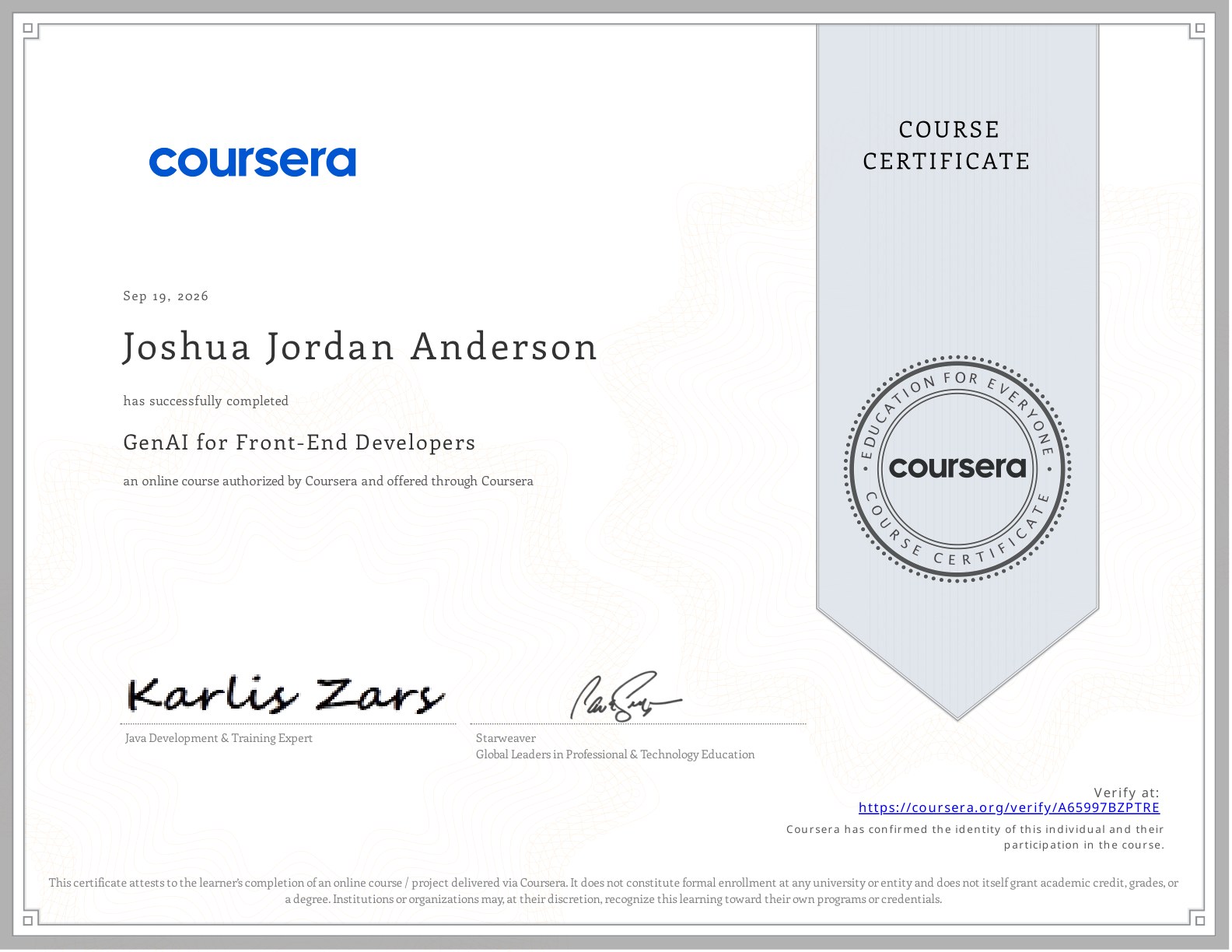 GenAI for Front-End Developers course certificate awarded to Joshua Jordan Anderson through Coursera on September 19, 2026