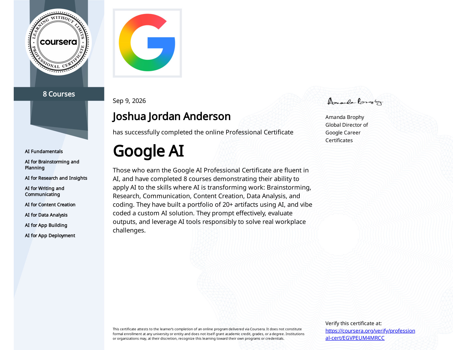 Google AI Professional Certificate awarded to Joshua Jordan Anderson through Coursera on September 9, 2026