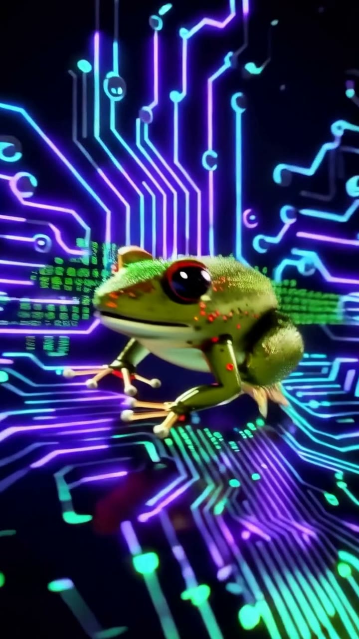 Neon circuit-board frog artwork from the CodeCroak studio intro